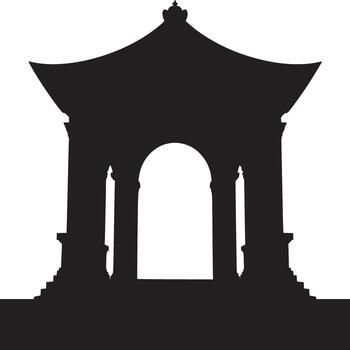 Silhouette of a pagoda like structure with stairs and columns against a white background space 100 vector