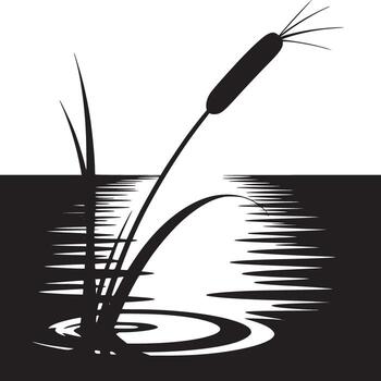 un negro y blanco gráfico de totora en agua con ondas y un rígido horizonte línea en el antecedentes vector