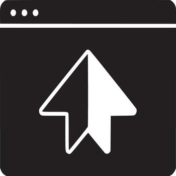 A black and white icon of a browser window with an arrow pointing upwards inside of the window frame vector