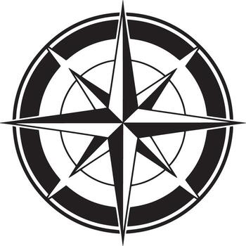 A black and white compass rose with eight points surrounded by concentric circles and bands design vector