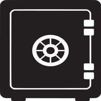 A black and white drawing of a safe with a combination lock on a white background in a simple style vector