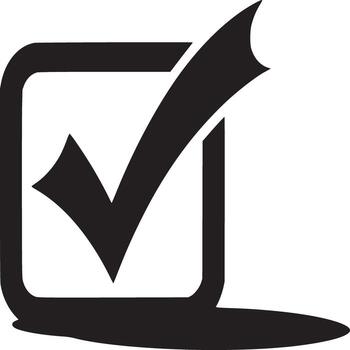 A black and white graphic of a check mark inside a square with a shadow underneath it on white vector