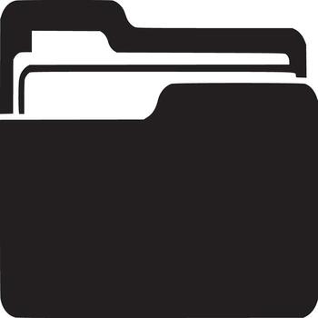 A black folder icon with documents inside against a plain white background in a simple design vector