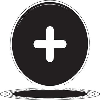 A black circle with a white plus sign in the center on a white background with a shadow below it vector