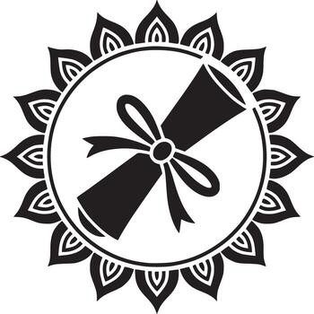 Black and white graphic of a diploma with a bow inside of a decorative circular border design vector