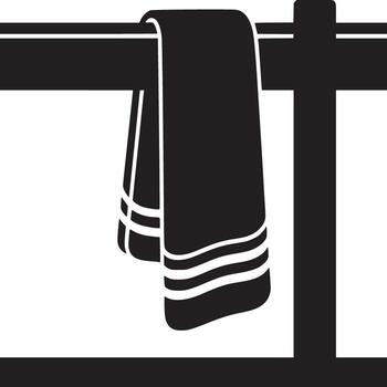 A black and white graphic of a towel hanging on a rack with stripes at the bottom edge design vector