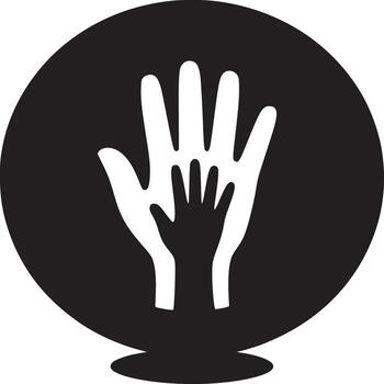 A symbolic graphic of a large hand embracing a small hand within a black circular background shape vector