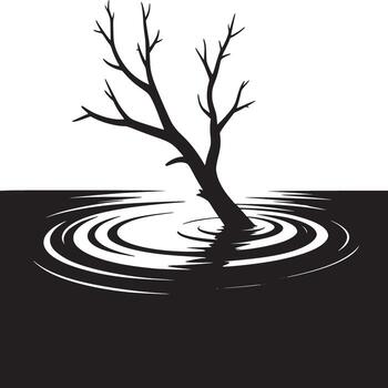 A stark silhouette of a tree emerging from dark water creating ripples in a minimalist monochrome scene vector