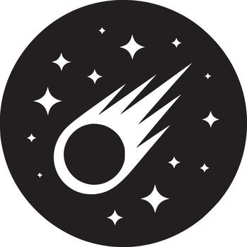 A black circle containing a white comet with a tail and several white stars scattered around it vector
