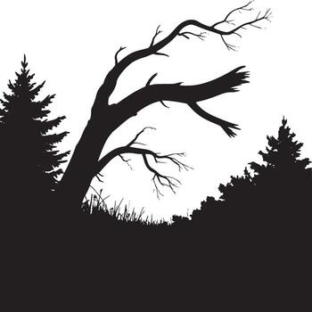 Silhouette of a broken tree with bare branches in a forest landscape on a white background art vector
