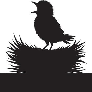 Silhouette of a bird singing loudly while perched on a nest against a white background art vector