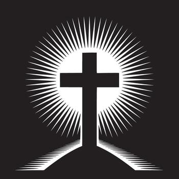 Black and white image of a christian cross with radiating light rays on a dark background design vector
