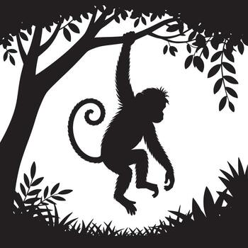 Silhouette of a monkey hanging from a tree branch surrounded by leaves in a black and white image vector