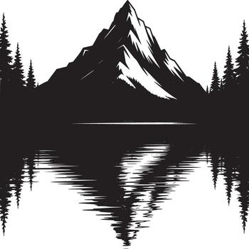 Monochrome mountain peak reflected in water with trees on either side in a minimalist design style vector