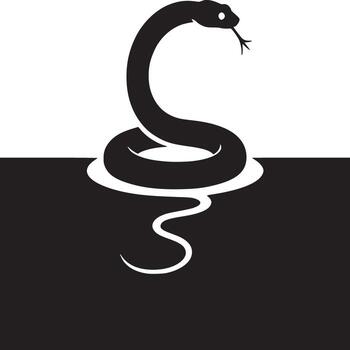 A graphic silhouette of a snake coiled with its tongue out on a black and white background design vector