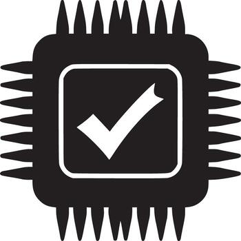 A black and white illustration of a processor with a checkmark in the center square icon vector
