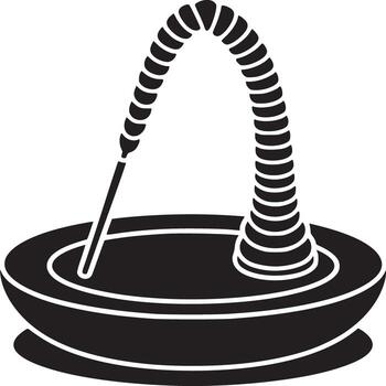 A black and white illustration of a basket with a curved handle and a stick inside it on white vector