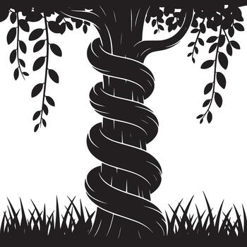 A black and white illustration of a tree with a snake wrapped around it and grass below it and leaves vector