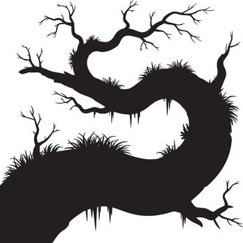 A silhouette of a twisted tree with bare branches and icicles on a white background in winter season vector