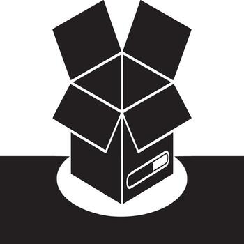 A graphic illustration of an open black box with a loading bar on a white circle platform vector