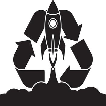 A black and white image of a rocket launching from a recycle symbol with smoke below it on white vector