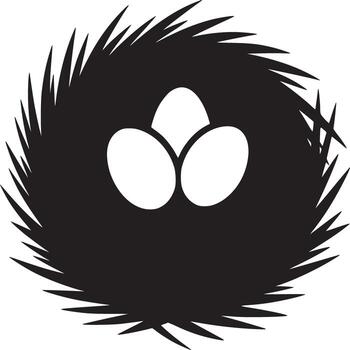 A graphic illustration of a bird's nest with three white eggs inside on a plain white background vector