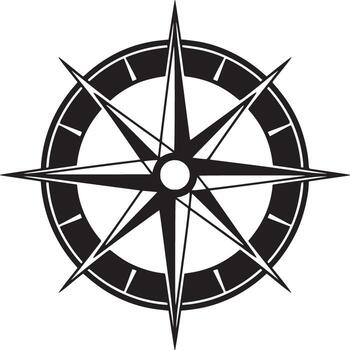 un negro y blanco Brújula Rosa con ocho puntos dentro de un segmentario circulo en un blanco antecedentes vector