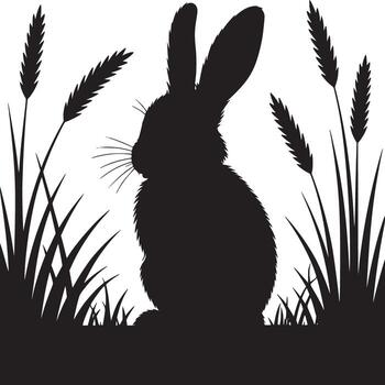 silueta de un Conejo rodeado por césped y trigo en contra un blanco antecedentes en un minimalista estilo vector