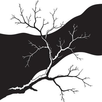 A stark tree silhouette against a contrasting black and white background with wavy separation line vector