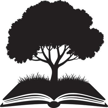 silueta de un árbol creciente desde un abierto libro con césped en un blanco antecedentes ilustración vector
