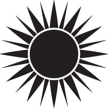 A stark black and white image of a sun with sharp rays emanating from a central circular form design vector