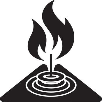 A black and white illustration of a burning candle on a triangular base with circular rings around it vector
