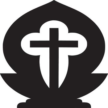A stylized black and white emblem featuring a cross within a leaf like shape and a small base below it vector