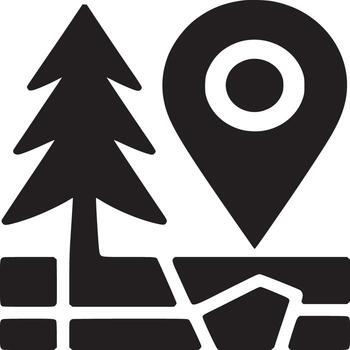 A black and white icon of a pine tree next to a map marker on a stylized terrain representation vector