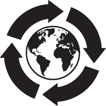 Black and white earth globe encircled by four arrows in a circular motion on a white background plain vector