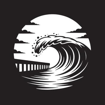 A stylized black and white image of a large wave crashing near a pier under a cloudy sky in a circle vector