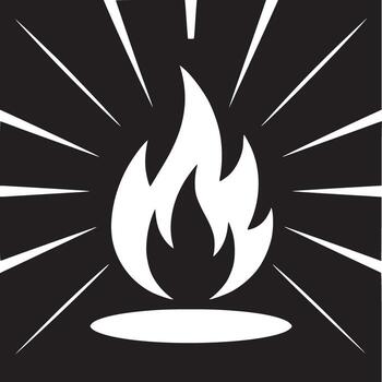 A stylized white flame with radiating lines on a black square background in a minimalist design vector