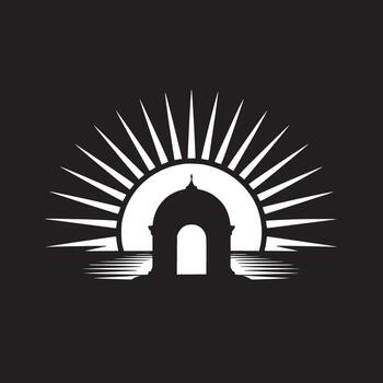 Silhouette of a domed structure with a cross on top and radiating lines in a black background vector