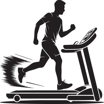 A silhouette of a man running on a treadmill with speed lines indicating motion on a white background vector