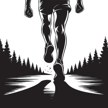 A monochrome depiction of a runner on a path surrounded by trees in a stylized black and white scene vector
