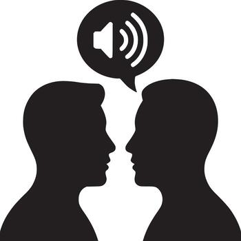 Two silhouetted heads facing each other with a speech bubble containing a speaker icon above them vector