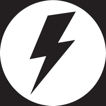 A black lightning bolt inside a white circle on a black background simple graphic design element vector