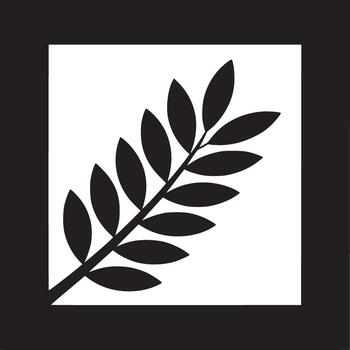 A black and white image featuring a stylized leaf branch within a square border design element vector