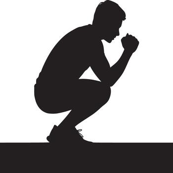 Silhouette of a man squatting with hands clasped in front of him against a white background vector