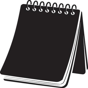 A black and white image of a spiral bound notebook standing on a white surface in a simple style vector
