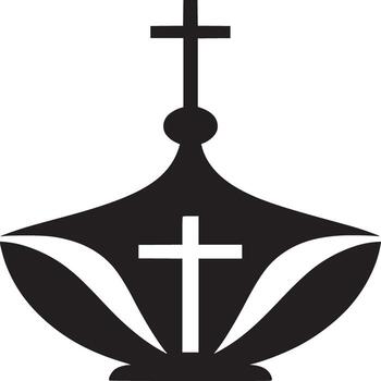 A black and white graphic of a religious symbol featuring a cross and crown like shape design element vector