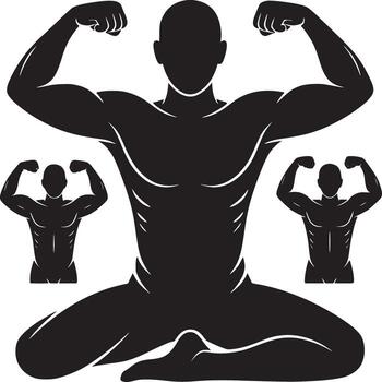 Silhouette of muscular man flexing biceps in lotus position with smaller versions behind him vector