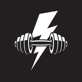 A black and white graphic of a dumbbell with a lightning bolt behind it in a minimalist style vector