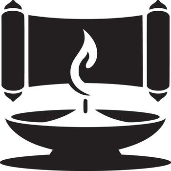 A black and white graphic of a candle flame in a bowl with a scroll behind it on a white background vector
