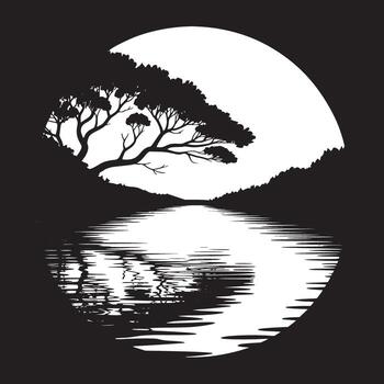 Silhouette of a tree over water with a large moon behind it in a circular black and white frame vector